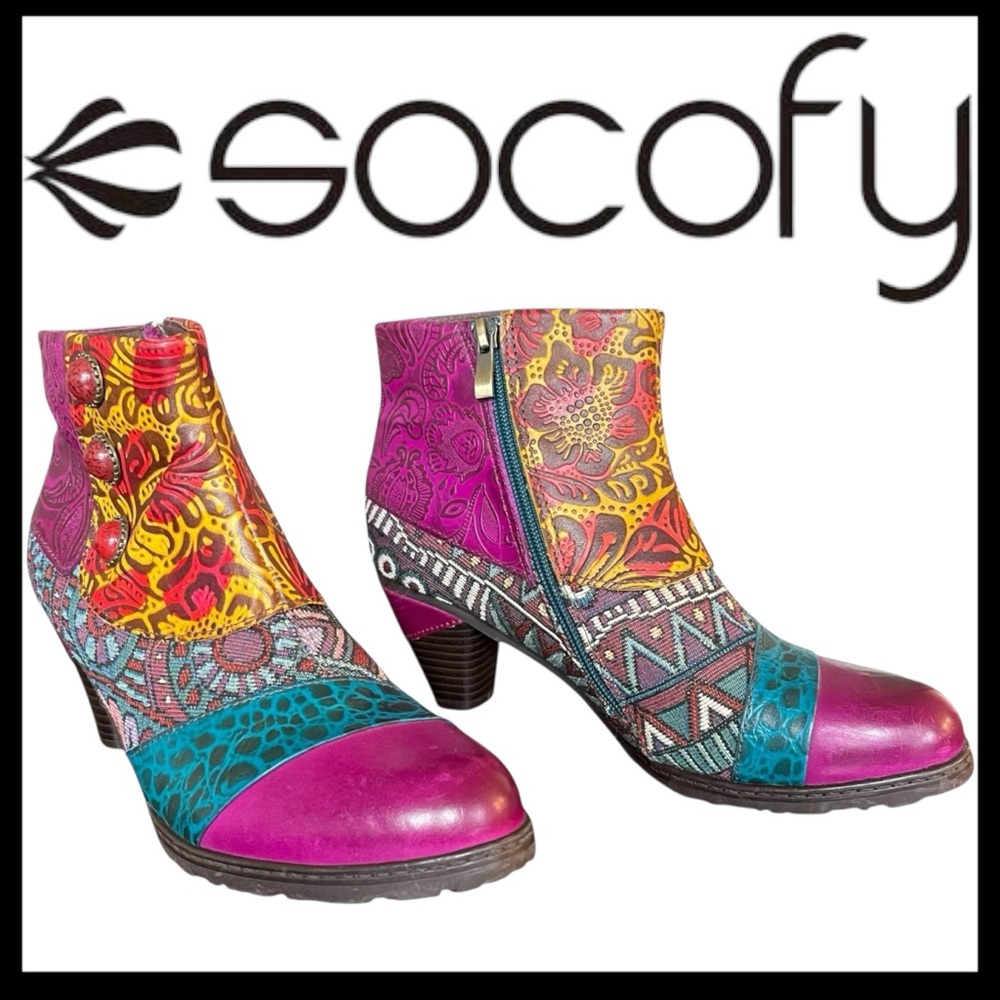 Socofy Leather Tapestry Patchwork 3" Heeled Boho Ankle Bootie (UE 39)